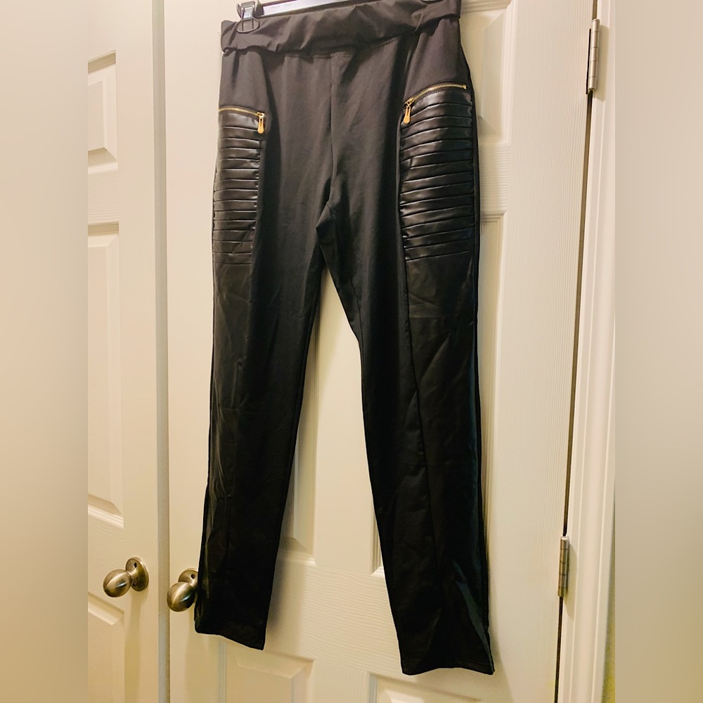 Faux Leather front leg patch stretch leggings